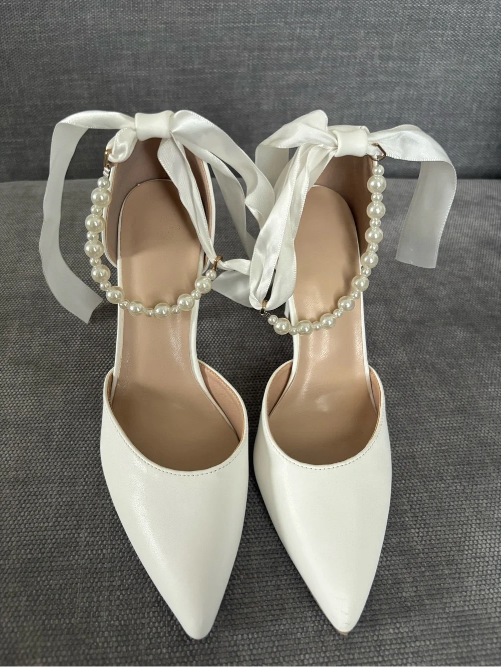 White Pointed-Toe Heels with Pearl beaded and ribbon tie